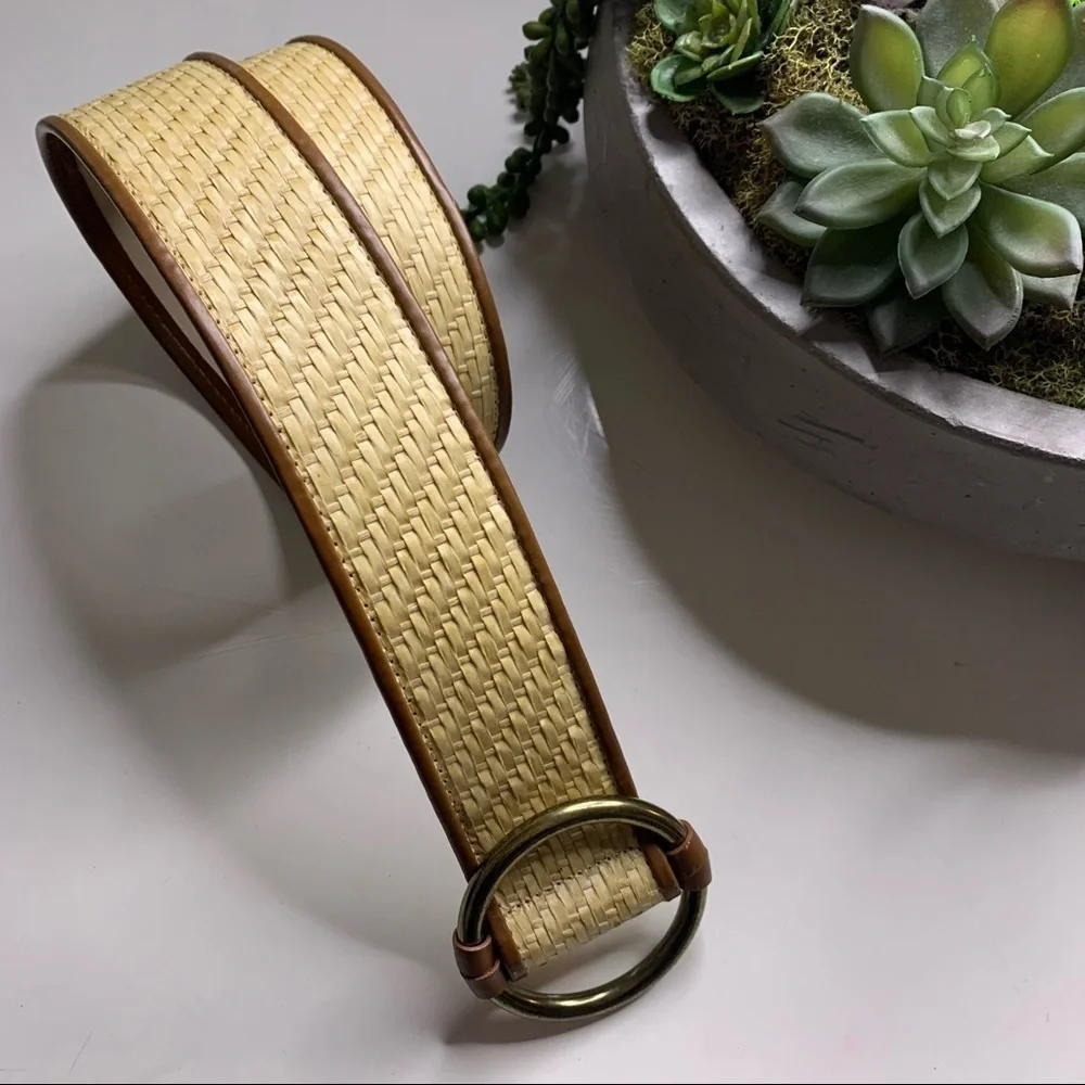 Bohemian wicker weave thick circle brass buckle belt women’s large